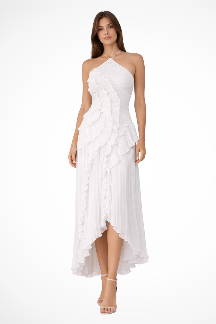 Beautiful summer maxi dress with halter neck and backless design, a ruffled elegant choice for wedding guests.