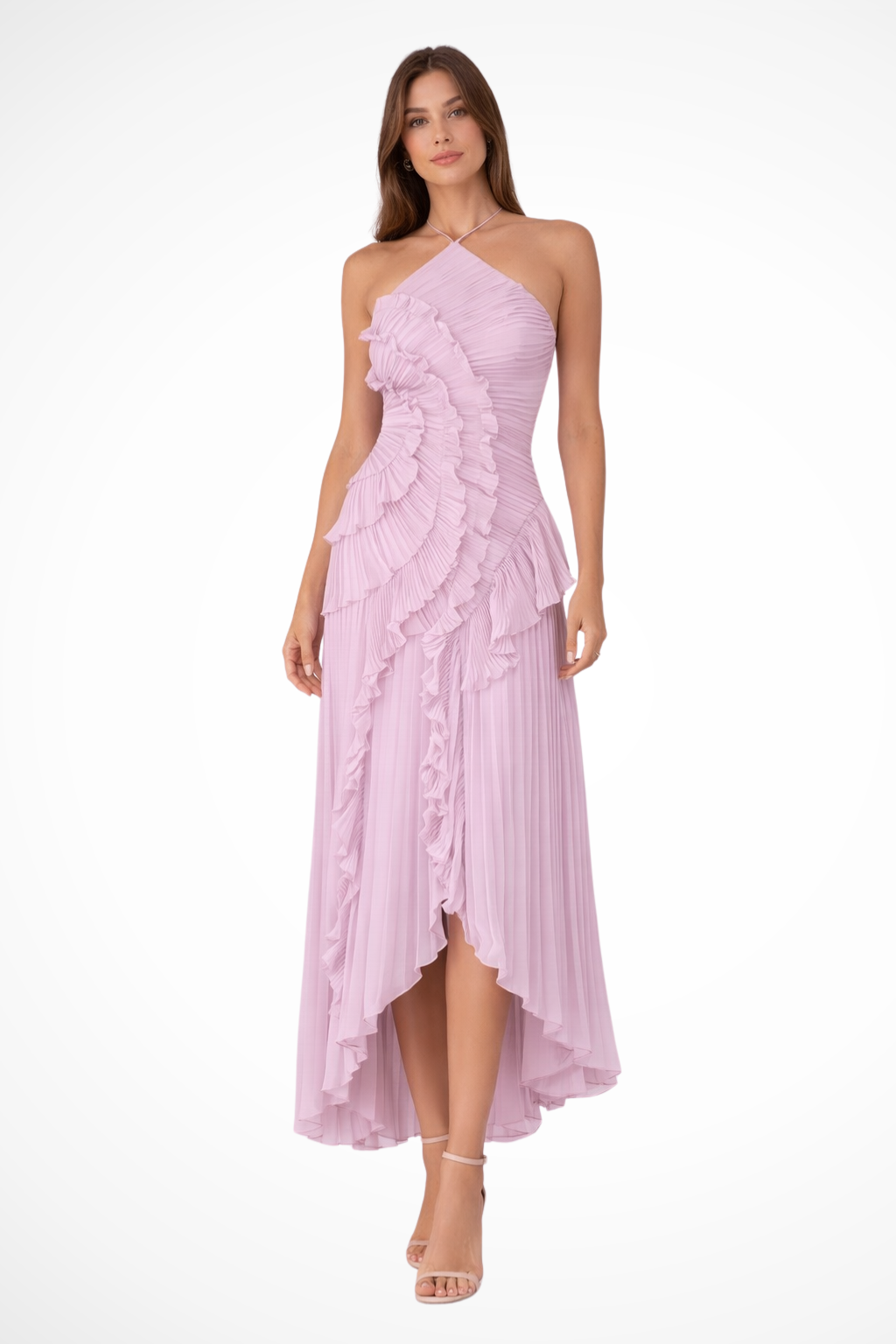 Chic women's sleeveless halter backless maxi dress featuring elegant ruffles, great for summer parties.