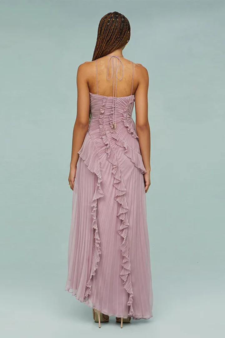Vibrant women's summer halter backless maxi dress with stylish ruffles, perfect for elegant occasion wear.