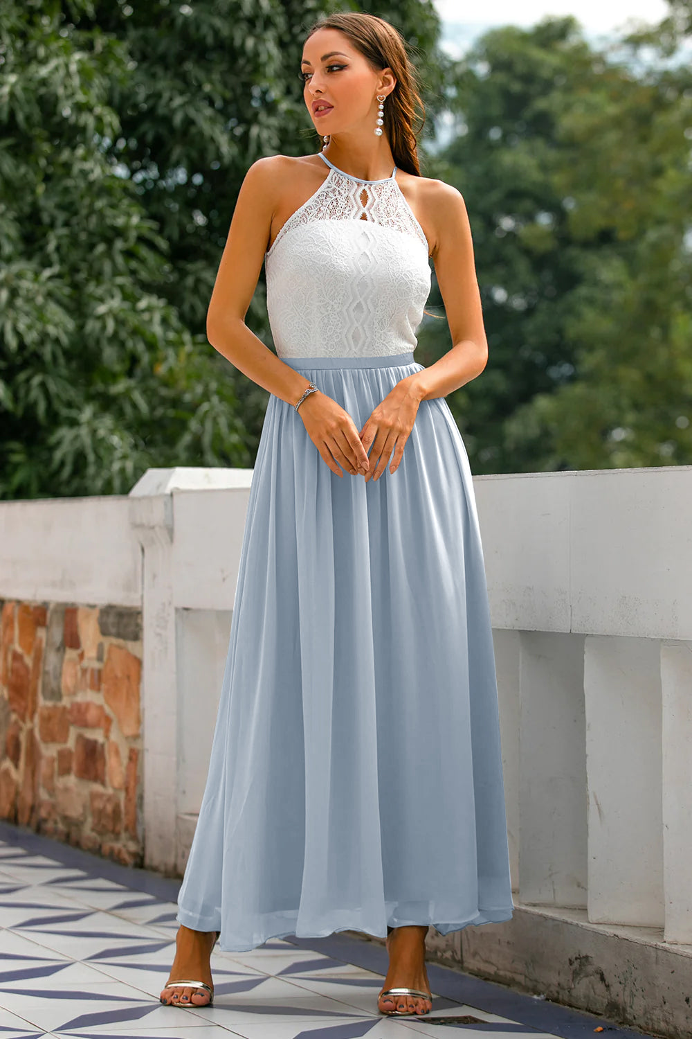 Women's evening maxi dress in a vibrant shade, featuring a stylish halter neck.