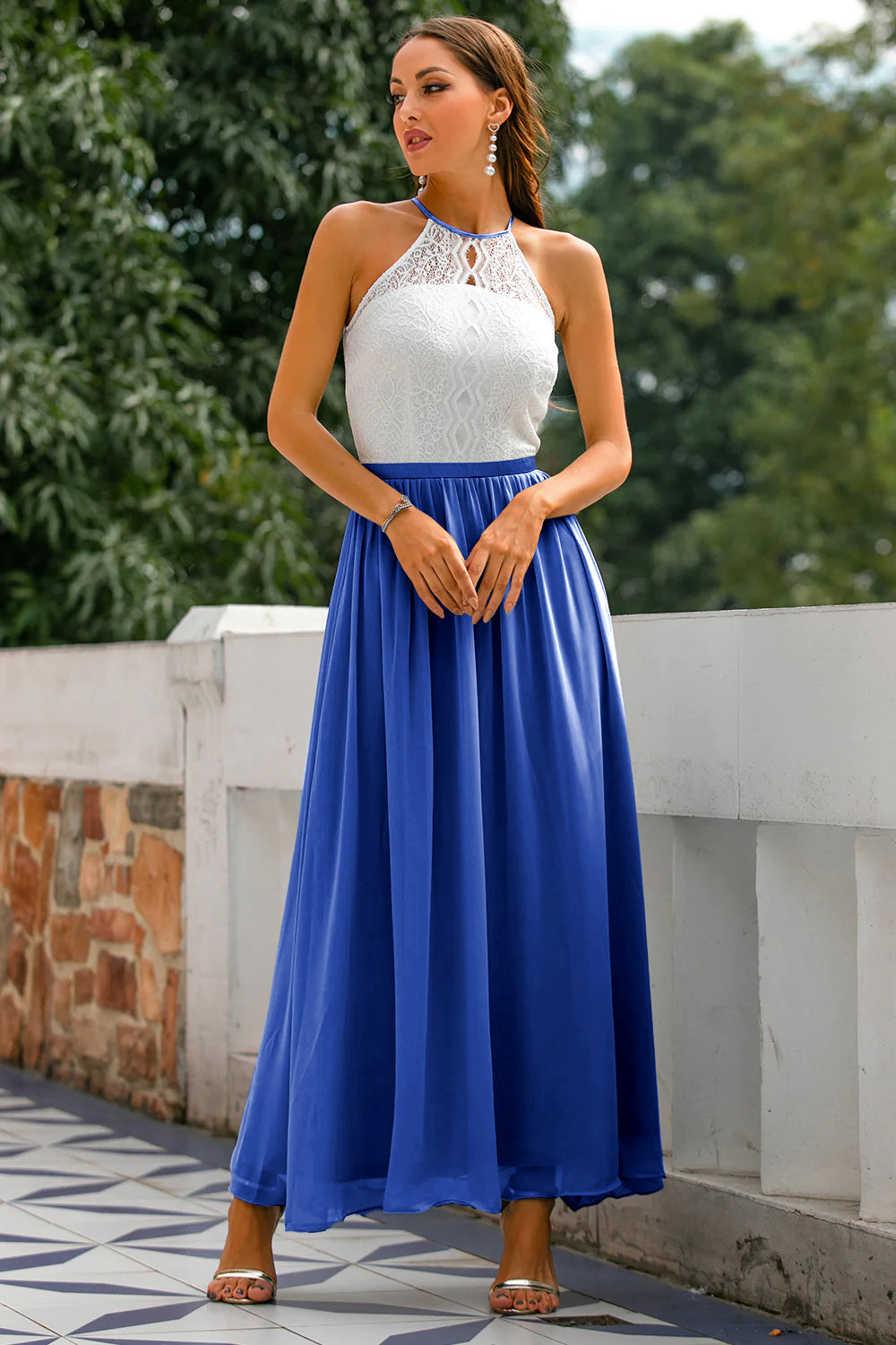 A charming halter neck maxi dress for women, embodying timeless elegance and style.