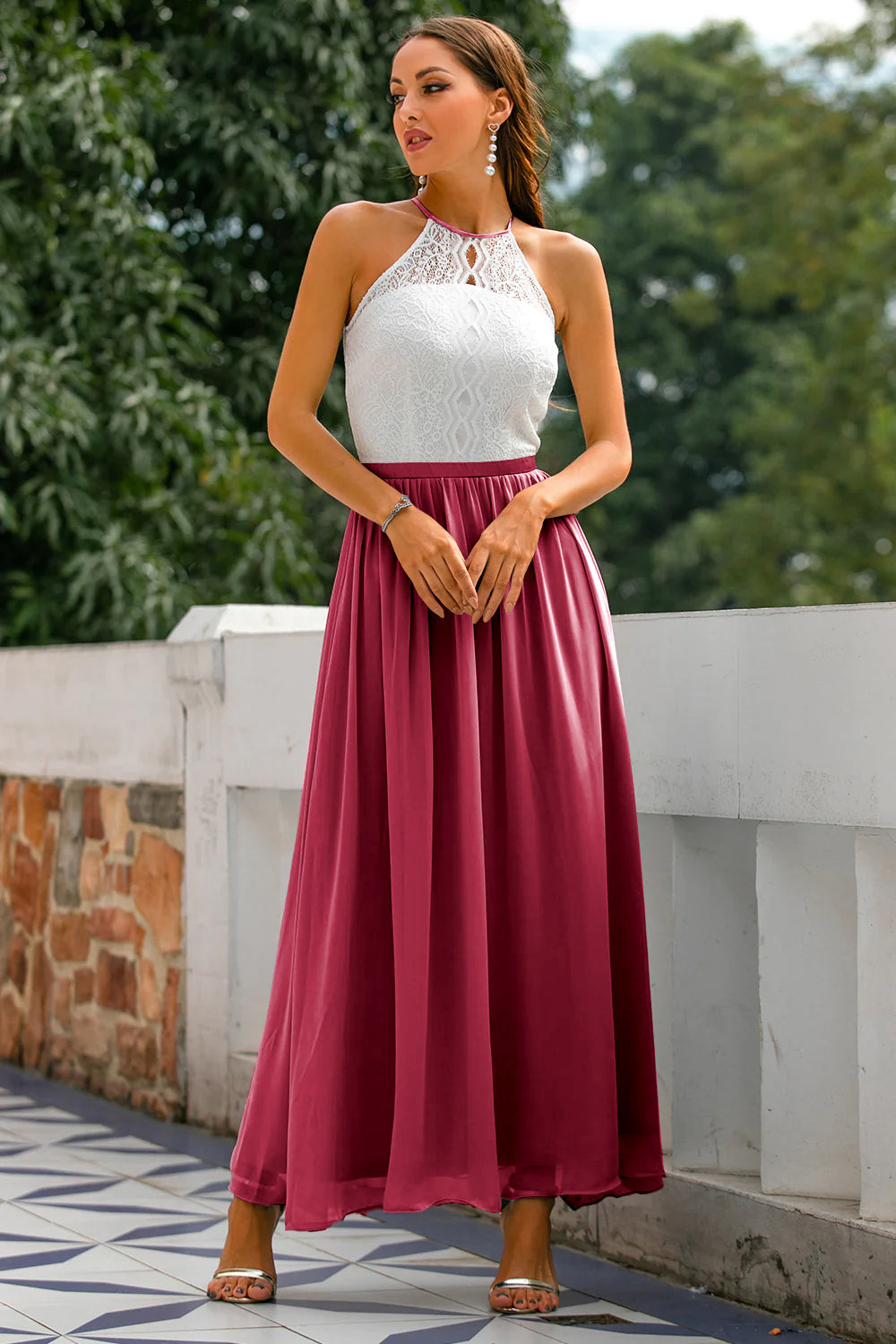 Formal occasion wear: a long halter dress designed for grace and comfort.