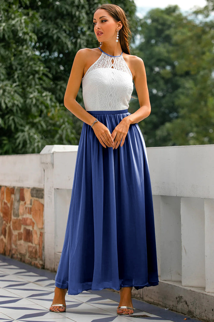 Back view of the women's formal halter maxi dress, highlighting its flowing train.
