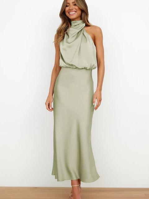 Graceful women's halter neck maxi dress, perfect as a formal evening gown or elegant party dress. Long & chic.
