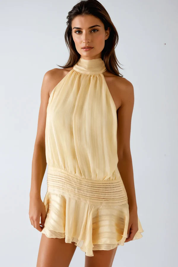 Yellow halter neck ruffle mini dress, bright and cheerful for summer fashion
