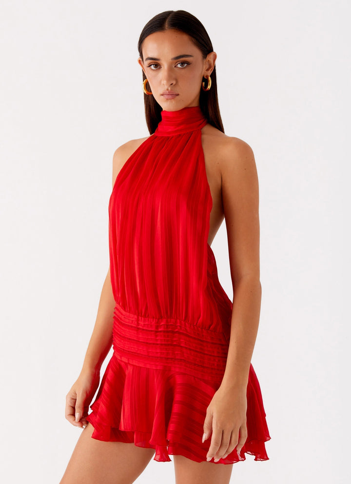 Seamless pattern of a women's halter neck ruffle mini dress in various colors