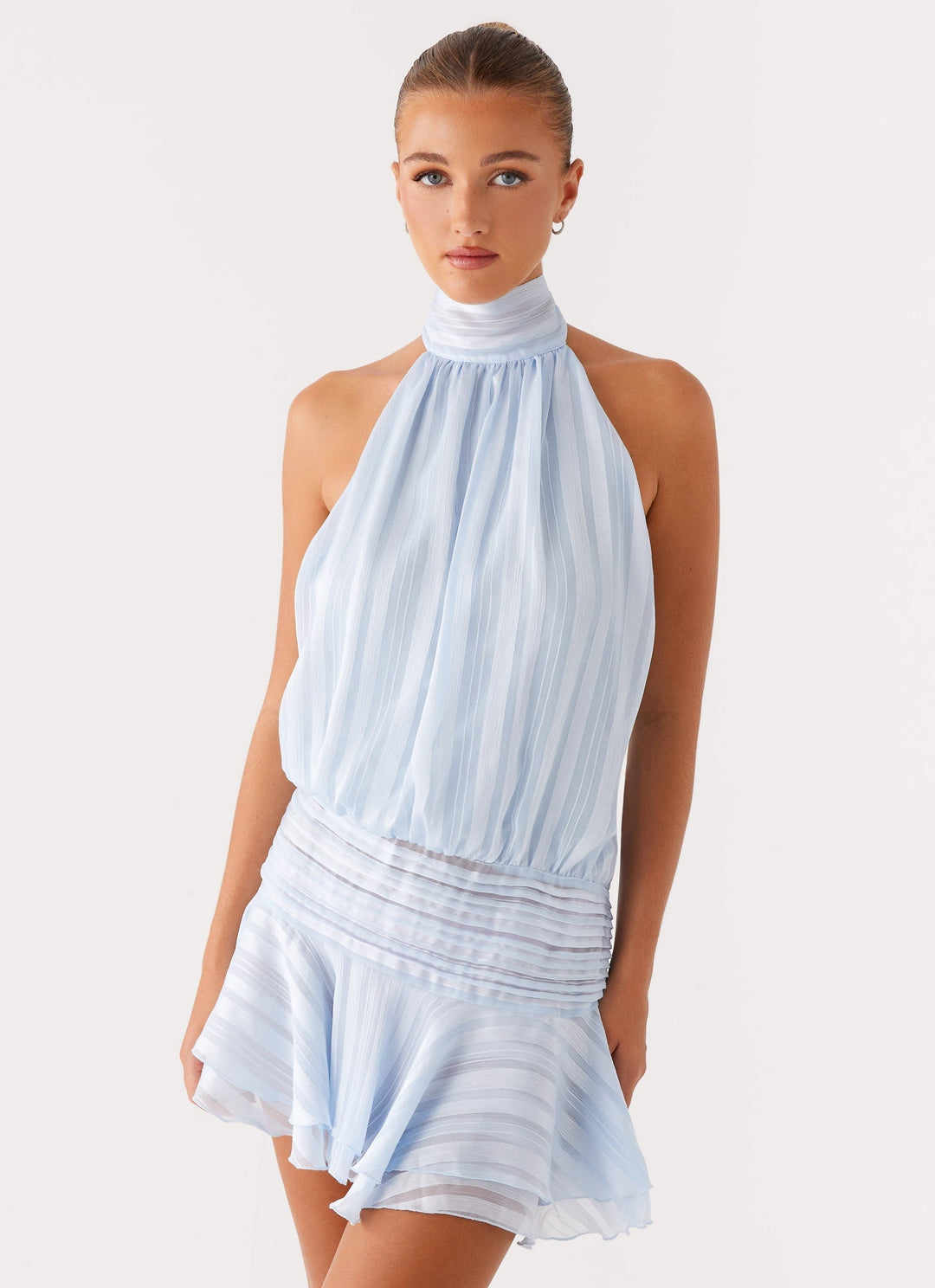 Fashionable blue halter neck mini dress with playful ruffles for women
