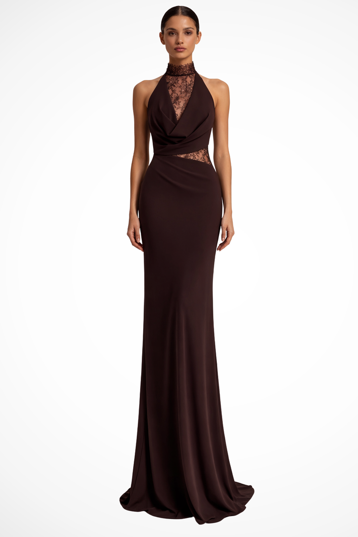 Elegant women's halter neck sleeveless maxi dress in red-brown, perfect for wedding guests & formal occasions.