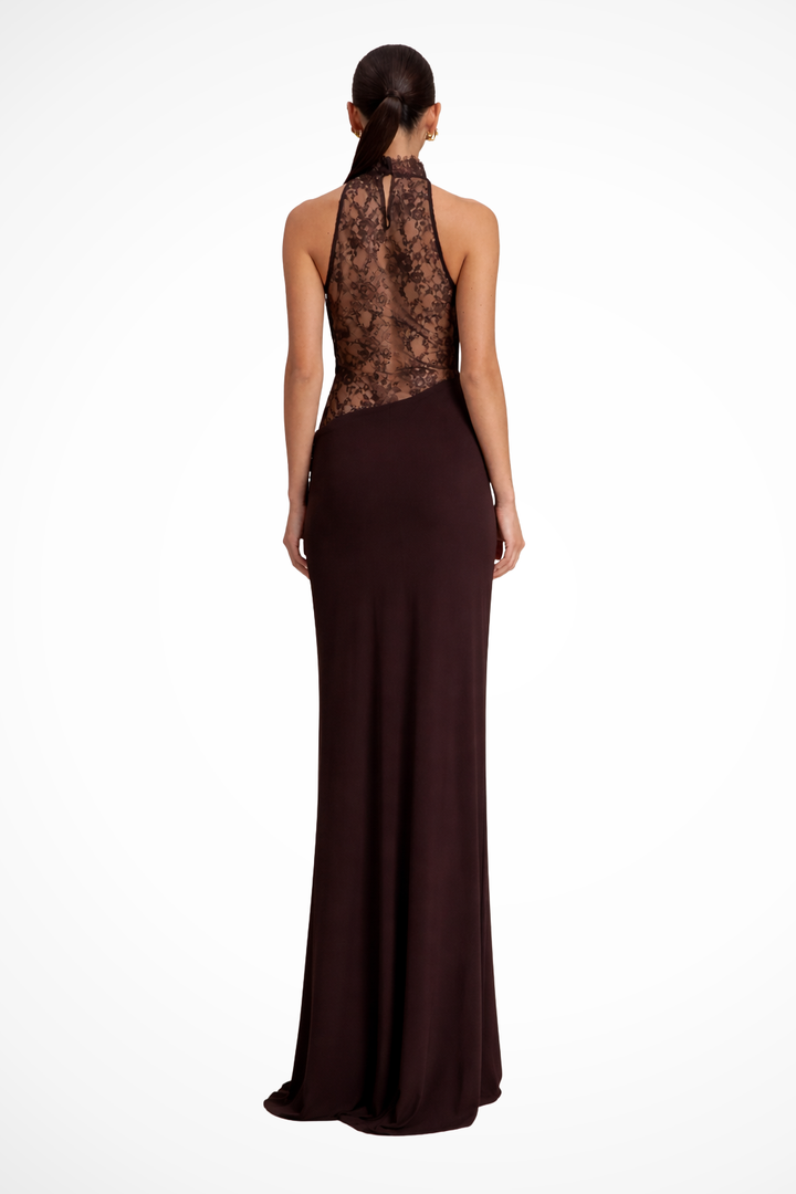 Red-brown halter neck maxi dress for women, a flowy sleeveless formal evening gown for special occasions.