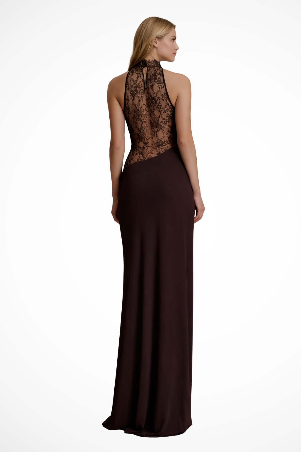 Halter neck sleeveless red-brown maxi dress for women, an elegant formal wear option for special occasions.
