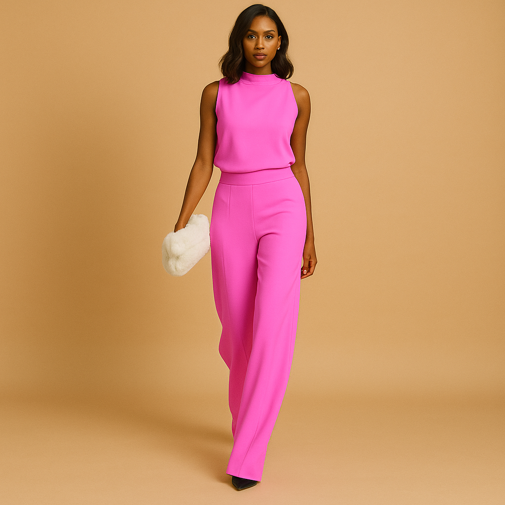 Sleeveless women's halter neck jumpsuit with wide leg & high waist, an elegant piece for any event.