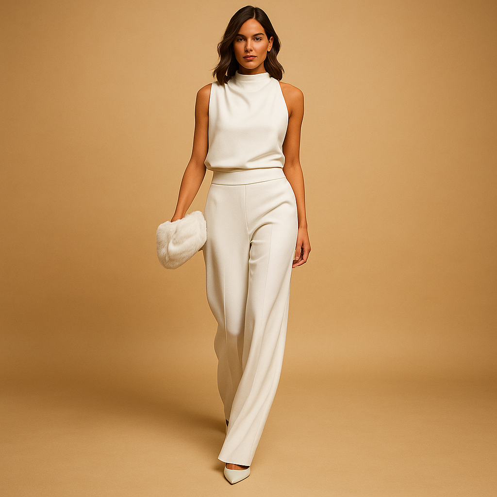 Elegant women's halter neck wide leg jumpsuit. Perfect for parties, summer, or formal resort wear.