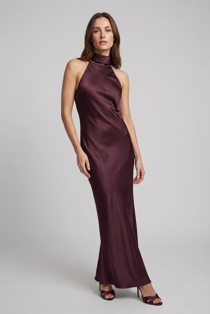 Elegant women's halterneck maxi dress, perfect for wedding guests & formal evening events.