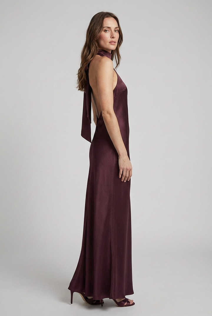 Flowing elegant halterneck maxi dress for women, ideal as occasion wear or a party dress.