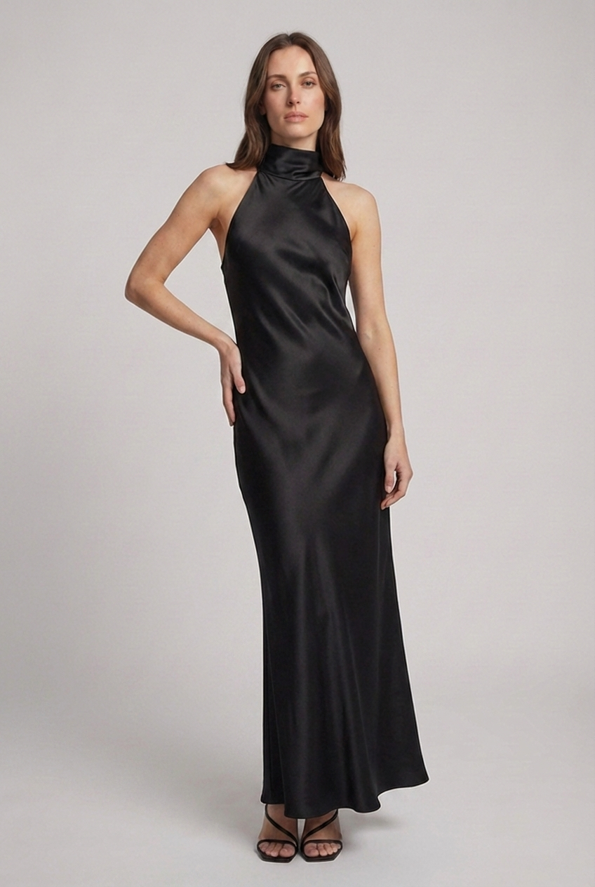 Elegant women's flowing halterneck maxi dress, a comfortable and stylish option for formal events.