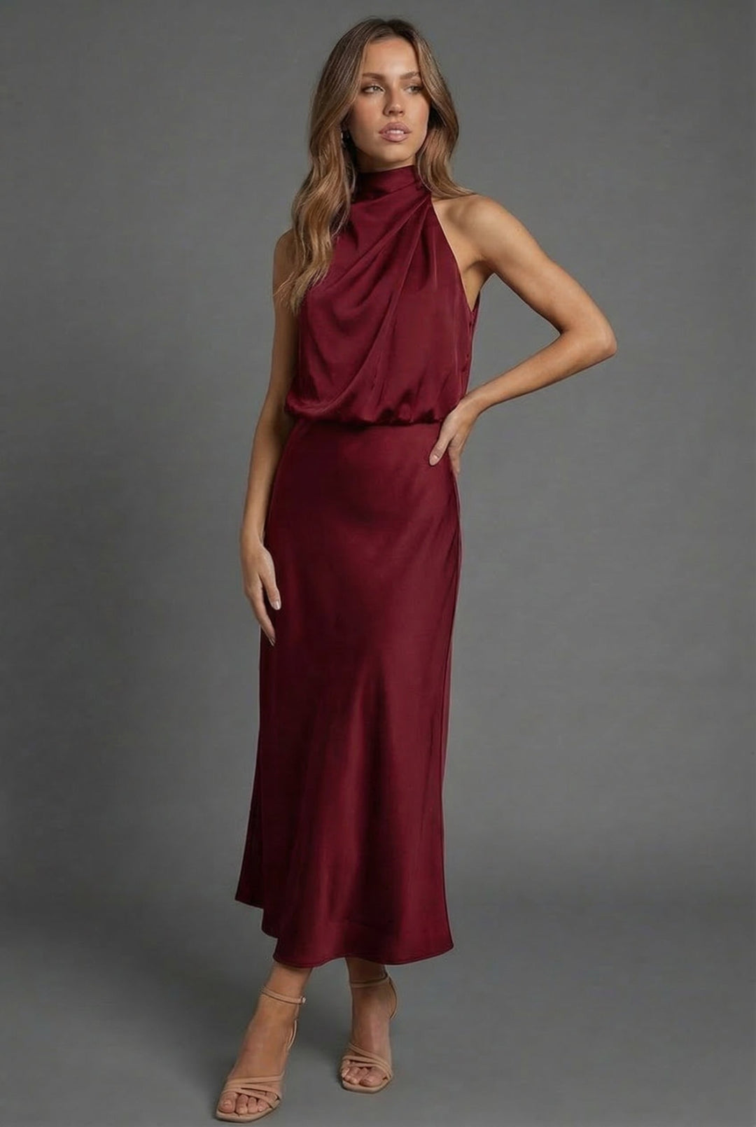 Versatile women's halterneck midi dress for special occasions, ideal for wedding guests & cocktail.