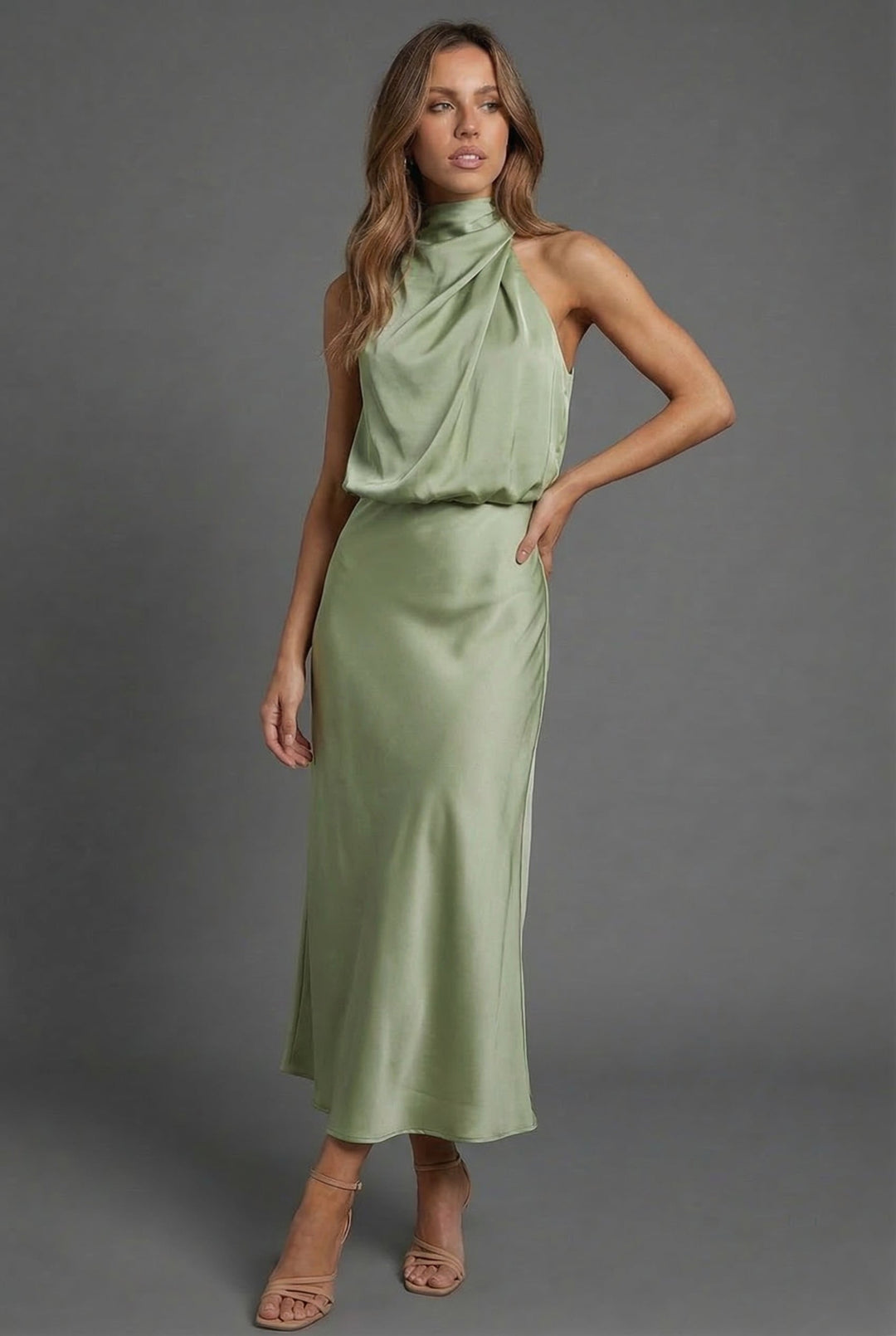 Fashionable women's halterneck midi dress, perfect as a chic wedding guest outfit or party dress.