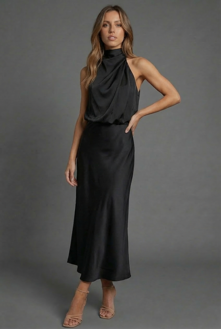 Women's formal halterneck midi dress with open back, perfect as a wedding guest or party dress.