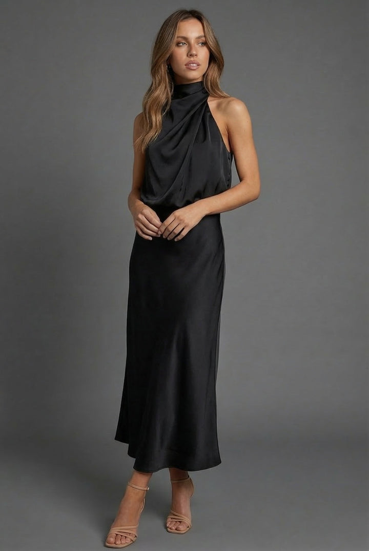 Chic women's elegant midi dress with halterneck, suitable for formal events & evening wear.