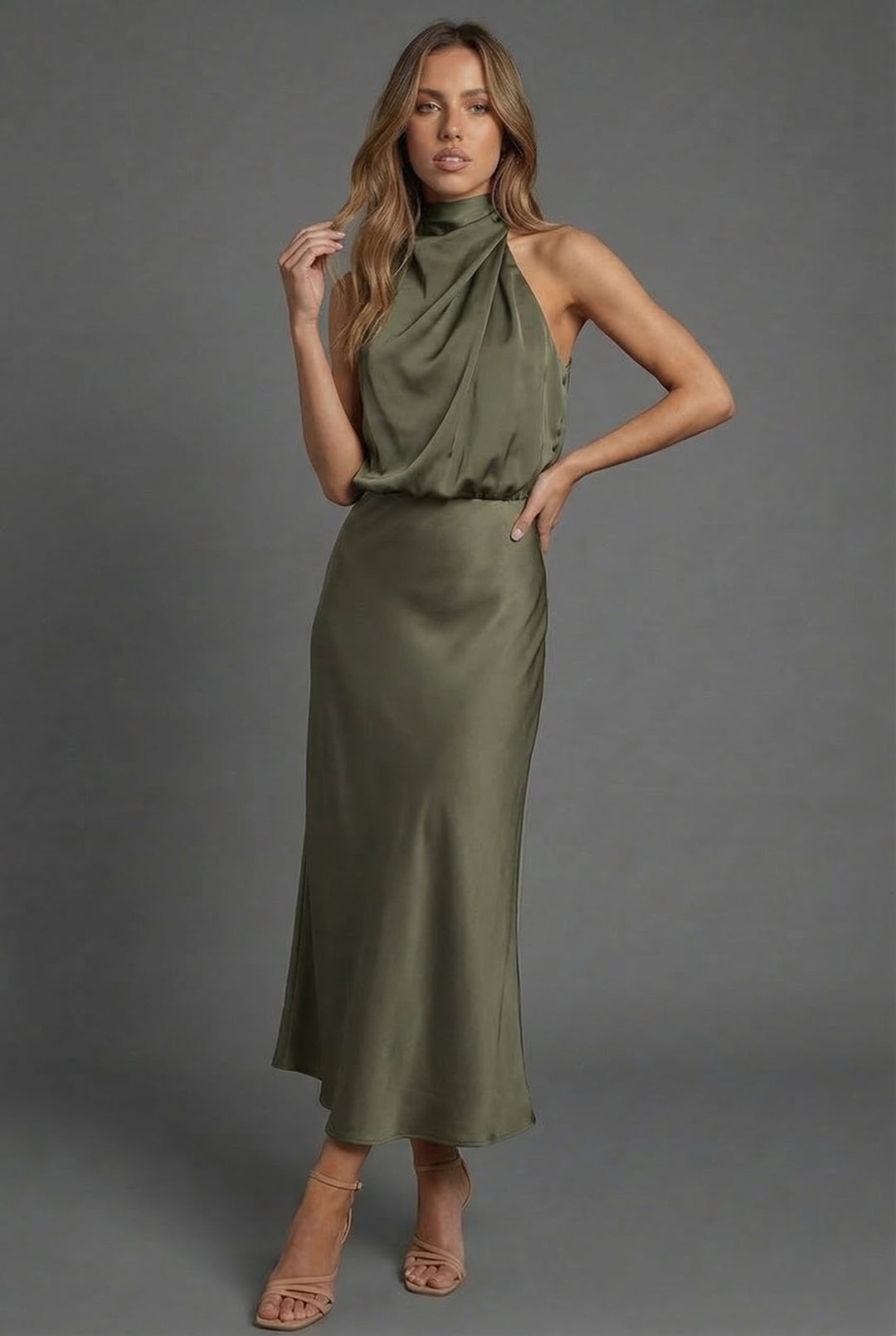 Formal women's halterneck midi dress, elegant party wear for wedding guests & special occasions.