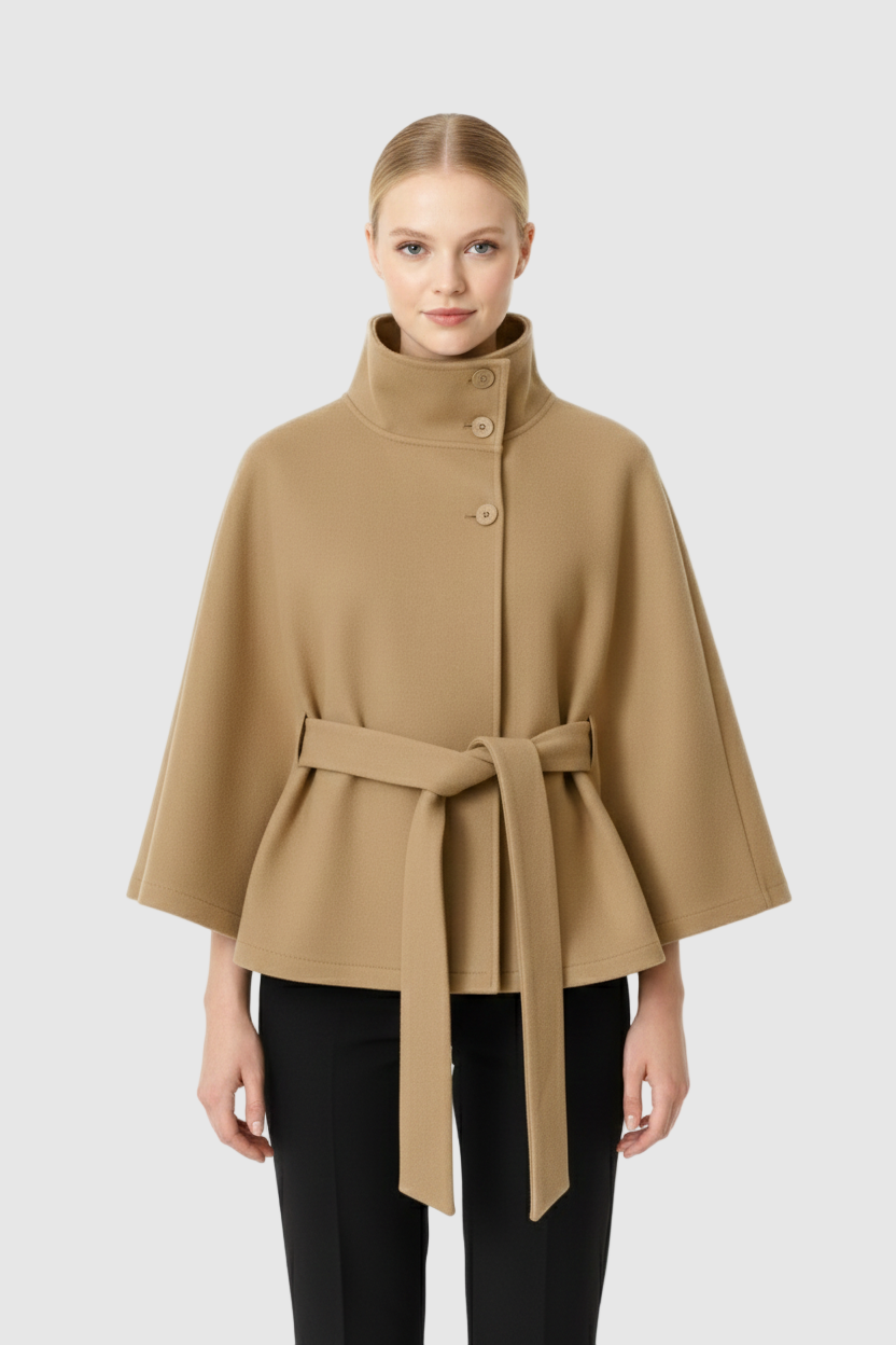 Elegant women's high collar belted winter coat, front view, in black, perfect for chic cold weather.
