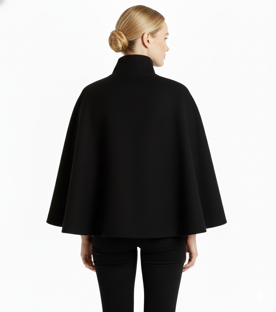 Front angled view of a women's warm winter coat, featuring a prominent high collar and belt.