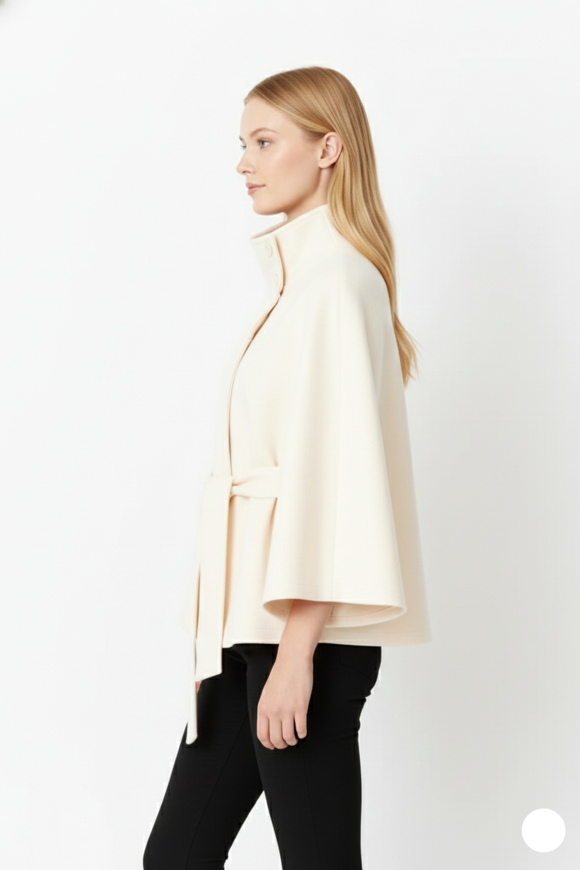Women's luxurious high collar belted winter coat, showcasing its premium and chic cold-weather style.
