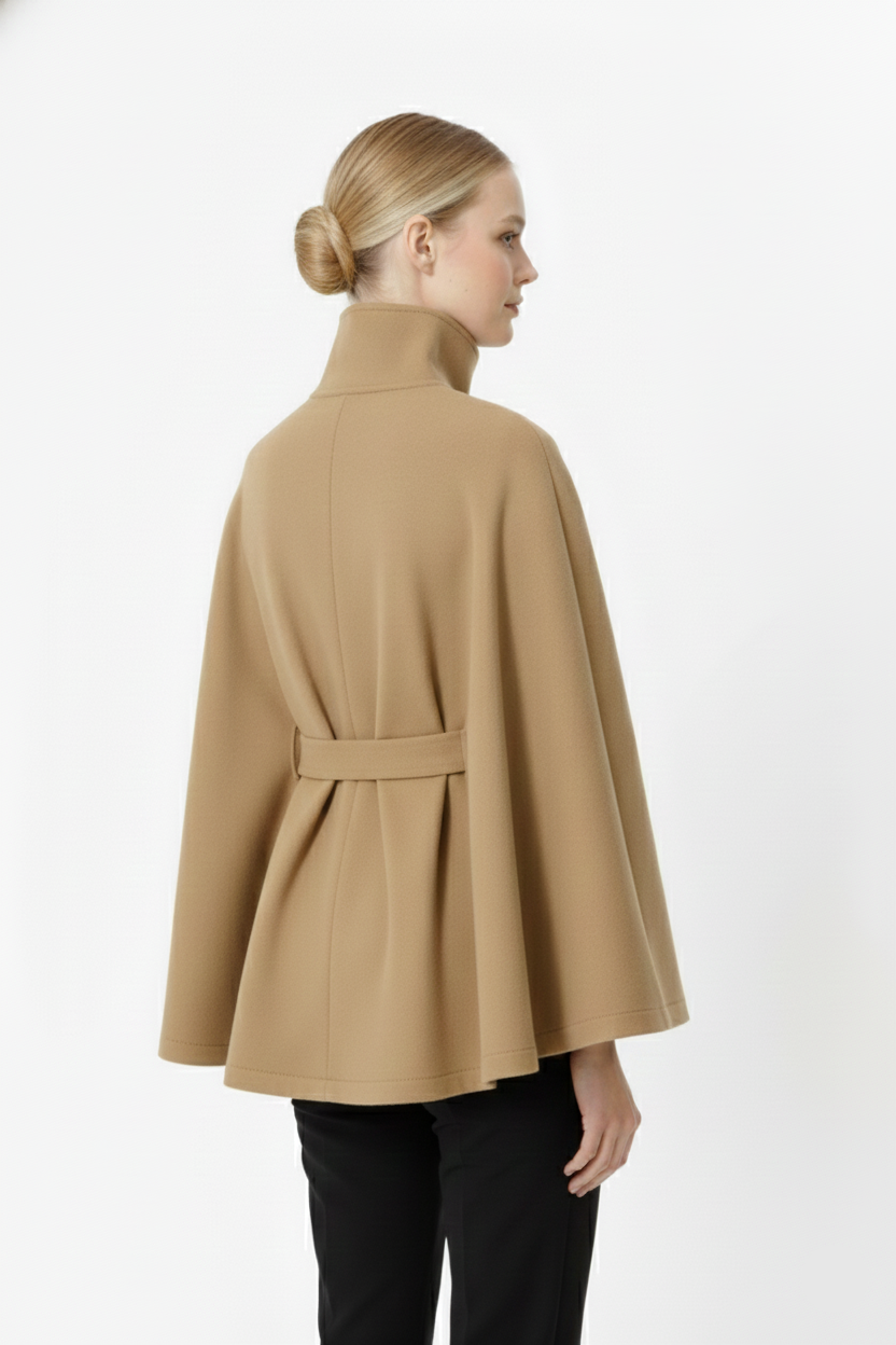 Women's high collar belted winter coat in a neutral color, versatile and warm for everyday outerwear.
