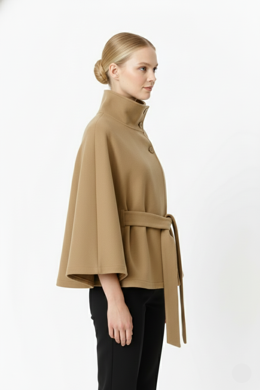 Side profile of a women's elegant belted winter coat with a high collar, for ultimate warmth and style.