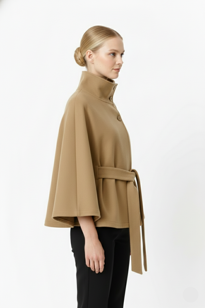 Side profile of a women's elegant belted winter coat with a high collar, for ultimate warmth and style.