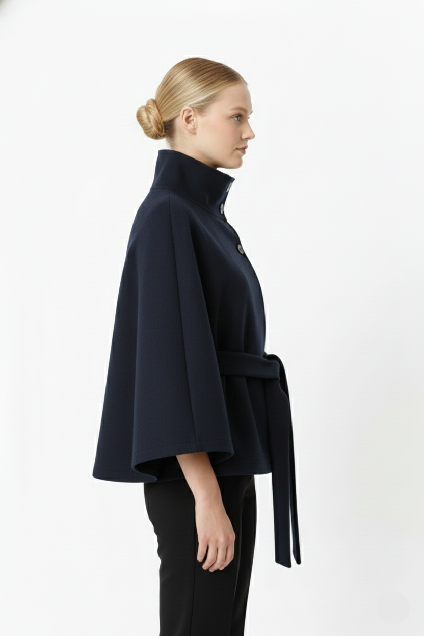 Women's fashion winter coat, high collar and belted waist, perfect for a sophisticated cold weather look.