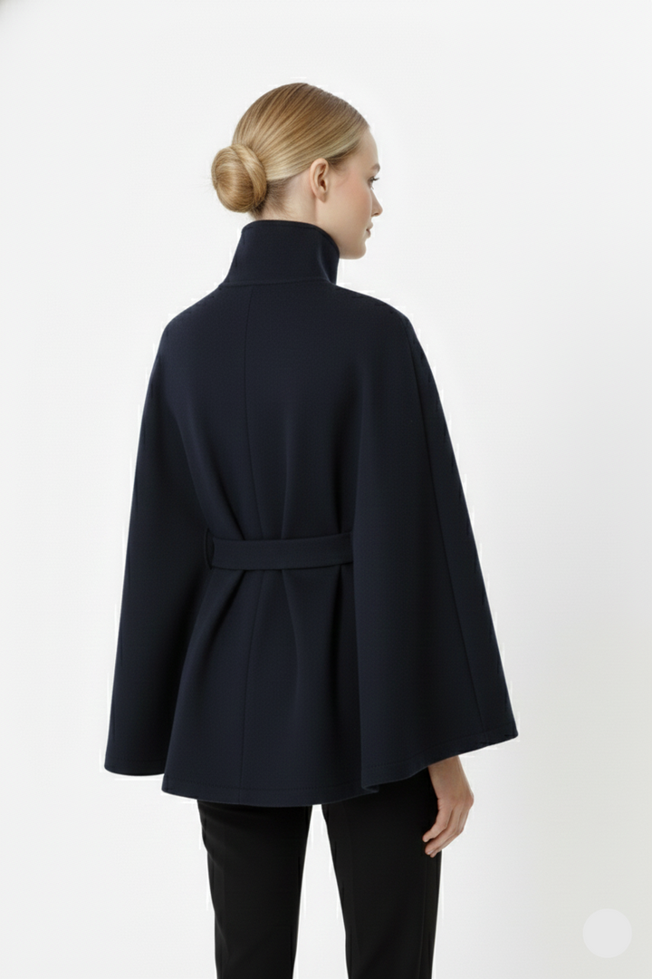 Warm women's high collar belted winter coat, displayed on a mannequin, highlighting its comfortable fit.