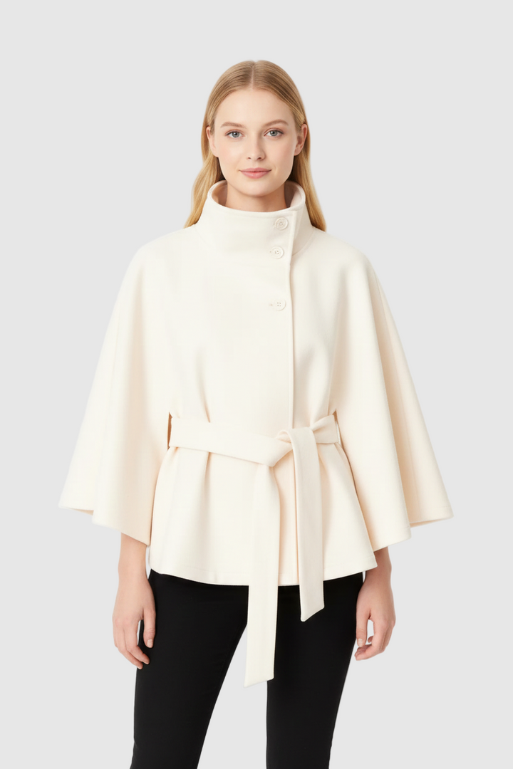 Fashionable women's belted winter coat with a high collar, side view, showcasing its warm design.