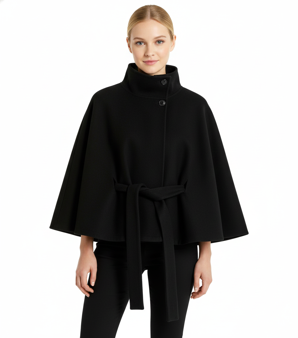 Close-up of the high collar and belt detail on a women's chic winter coat, demonstrating quality.