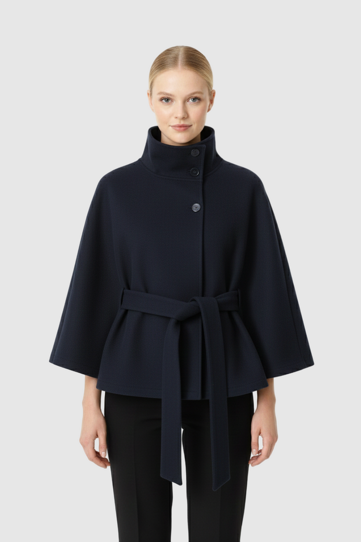 Full-length view of a women's warm high collar belted winter coat, ideal for stylish outerwear.
