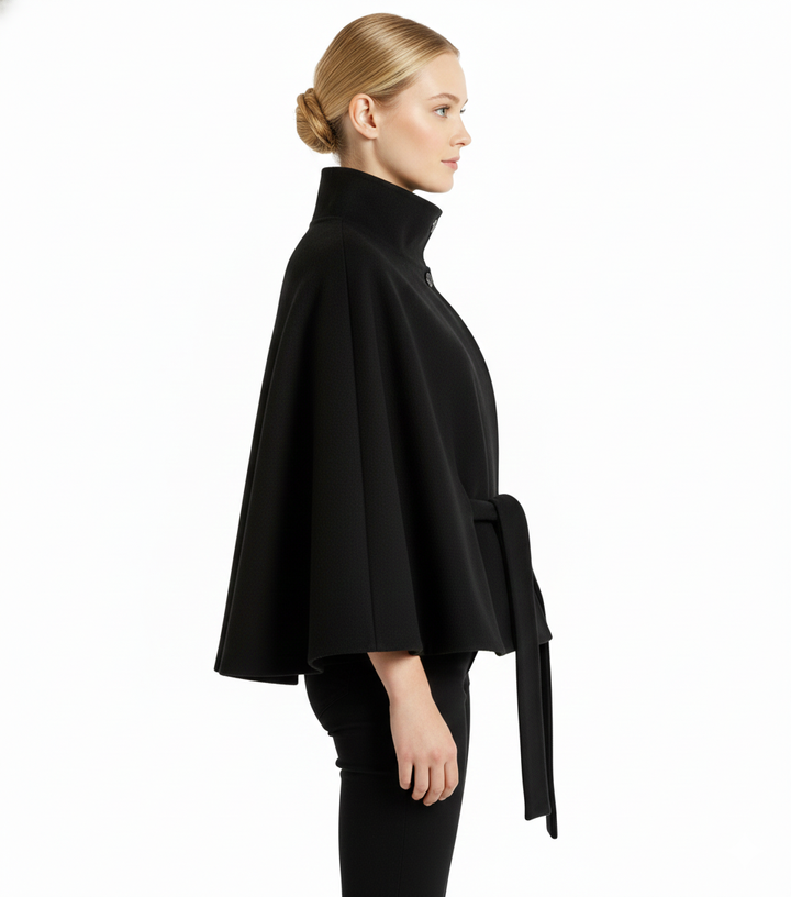 Women's high collar belted black winter coat, suitable for modern and elegant cold weather fashion.