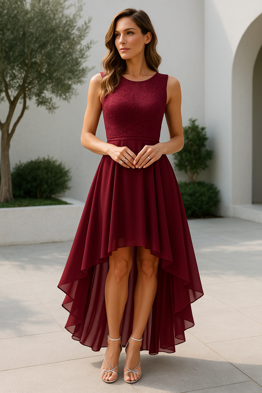 Elegant women's high low wedding guest dress, perfect for evening events and parties, peach color