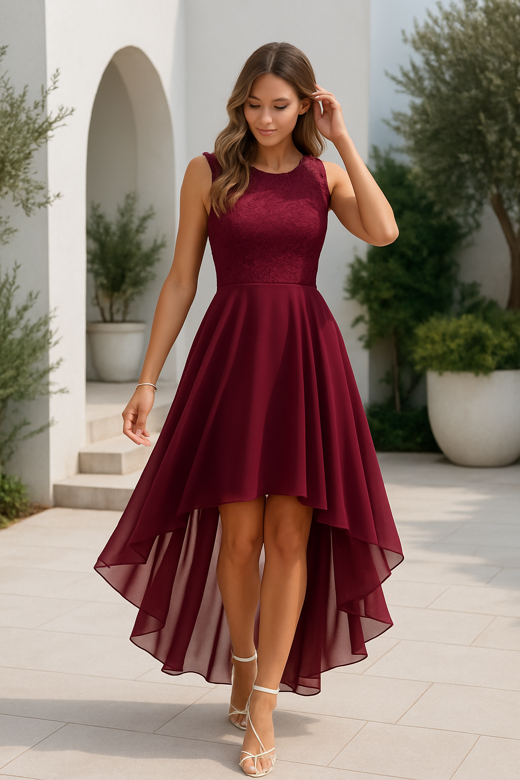 Women's high low formal dress with a fitted bodice and flowing skirt, ideal for wedding guests