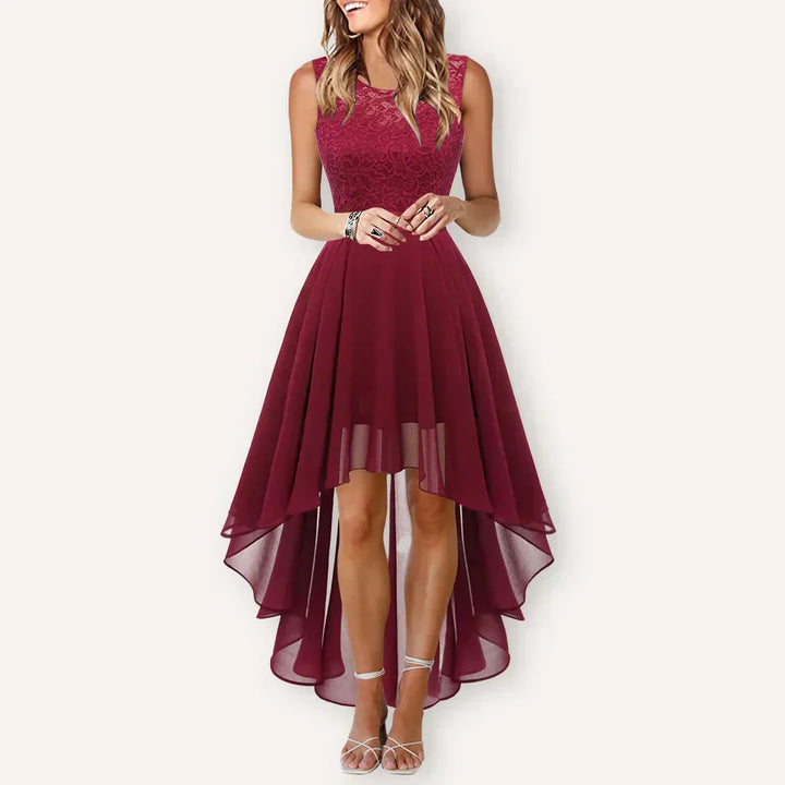 Stylish high low evening dress for women, suitable for special events, shown in a deep blue hue