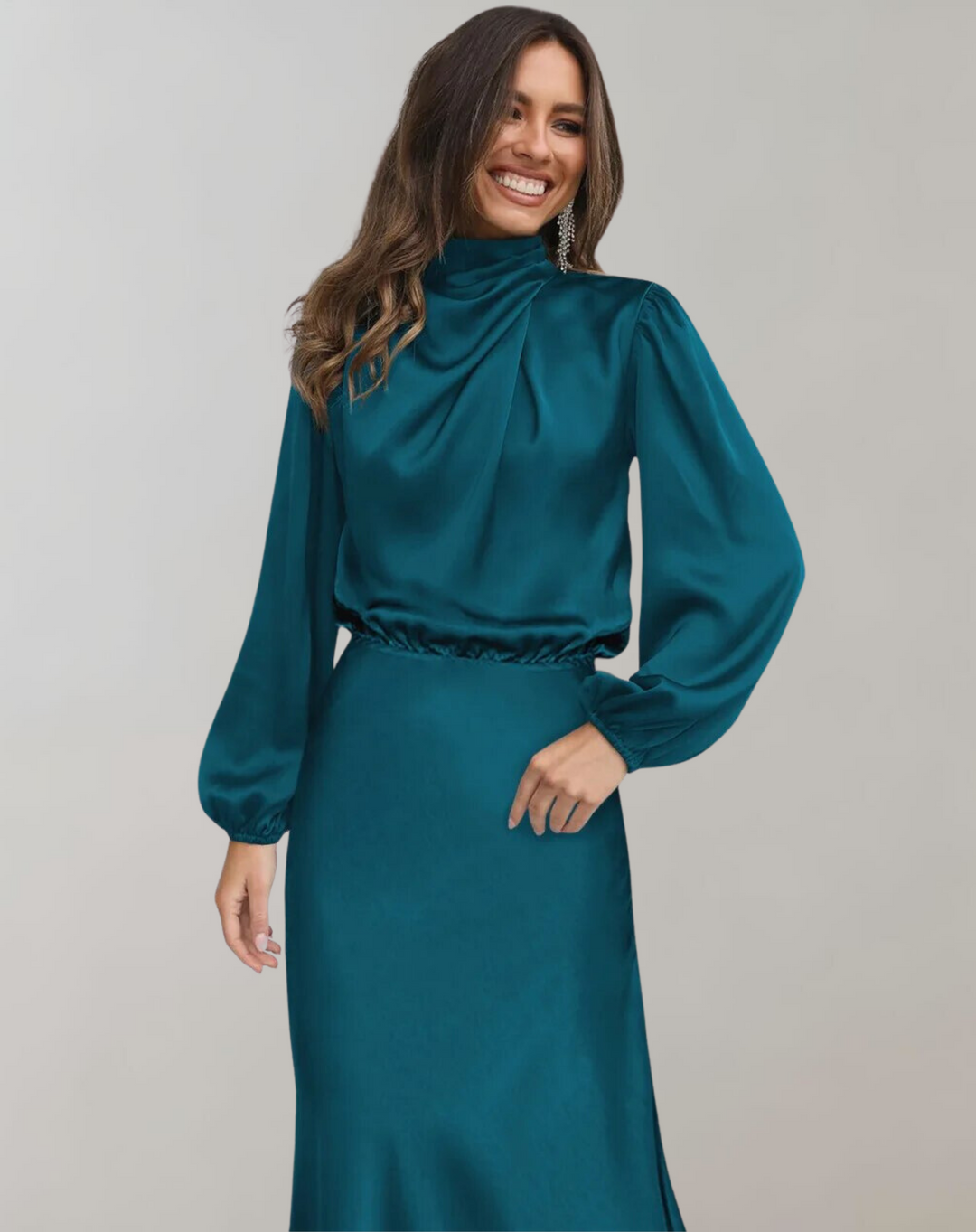 Elegant women's high neck midi dress with long sleeves, perfect for evening wear & special occasions.