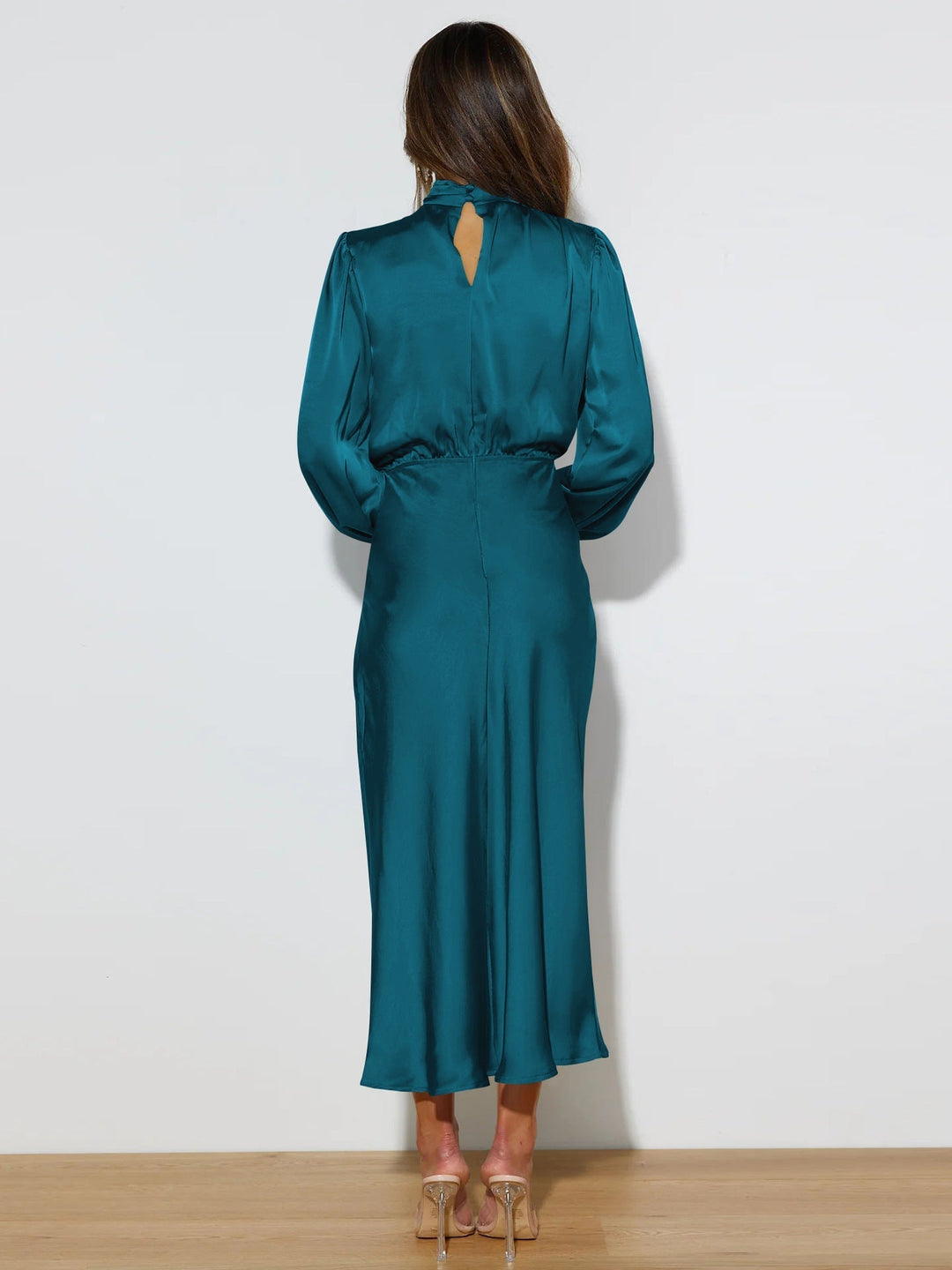 Chic high neck midi dress for women, featuring long sleeves. Ideal for formal events & stylish gatherings.