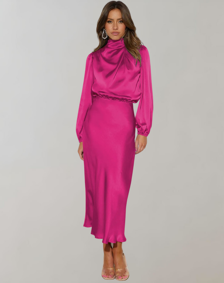 Versatile long sleeve midi dress with a high neck, offering an elegant look for any women's party or event.