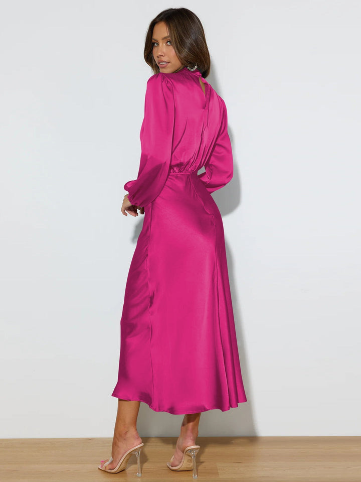 Stunning women's high neck midi dress, a sophisticated long sleeve option for evening wear & formal occasions.