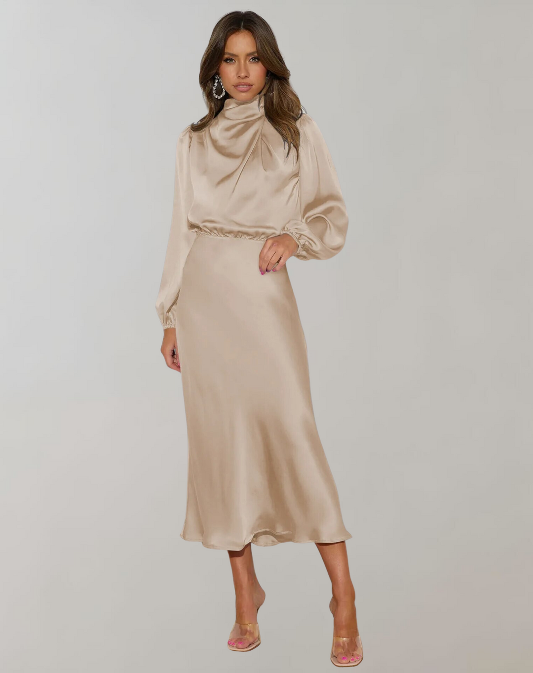 Women's elegant midi dress with a high neck and long sleeves, showcasing a chic style for special occasions.