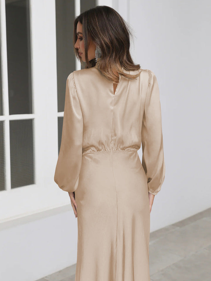Fashionable high neck long sleeve midi dress, an elegant women's dress for parties and chic evening wear.