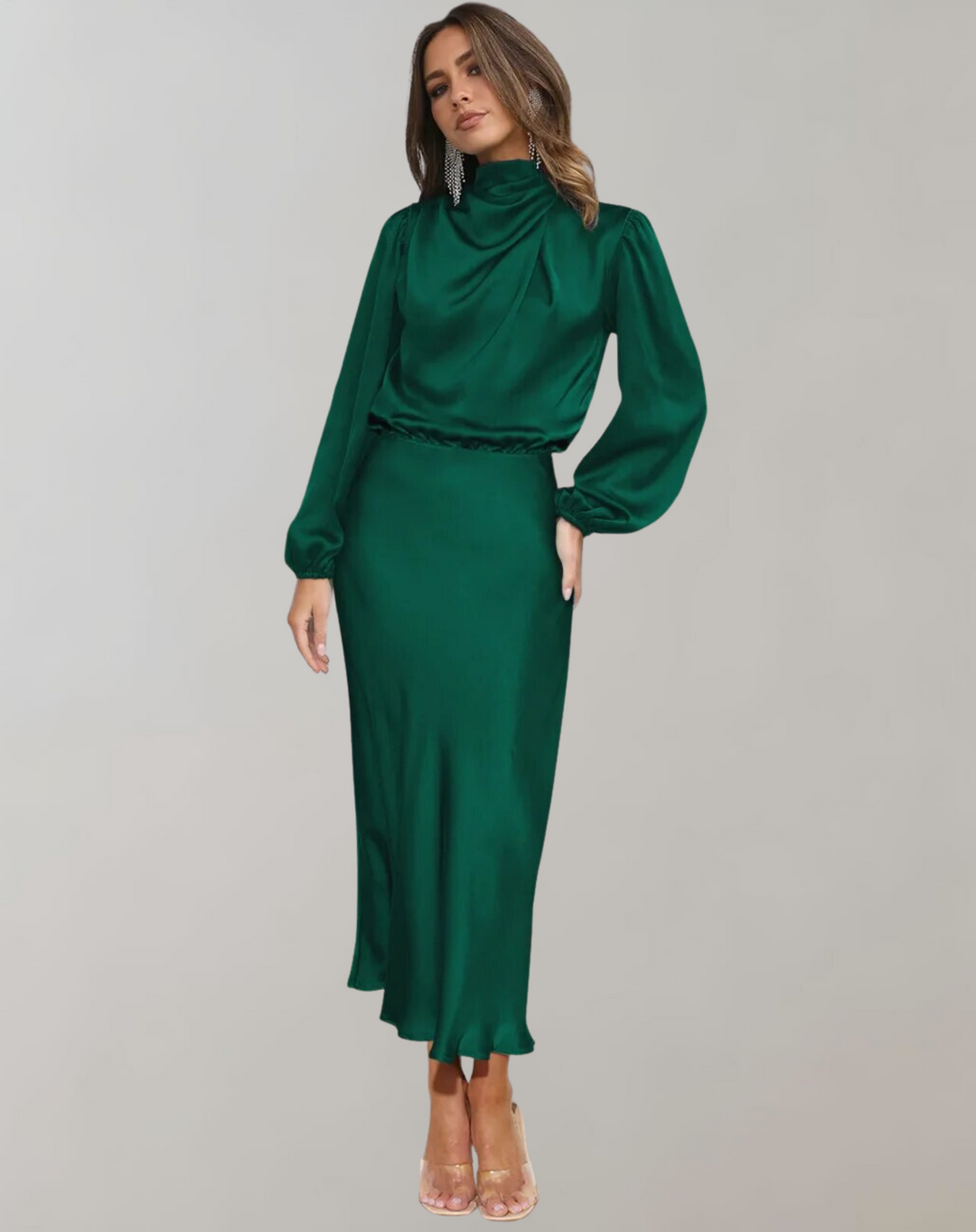Sophisticated women's high neck long sleeve midi dress, perfect as a formal or party dress for elegant women.