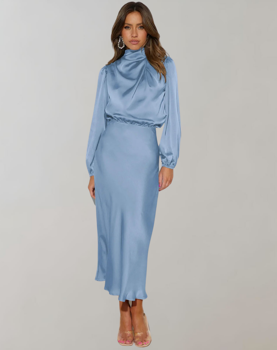 View of an elegant women's high neck midi dress with long sleeves, ideal for formal wear and special events.