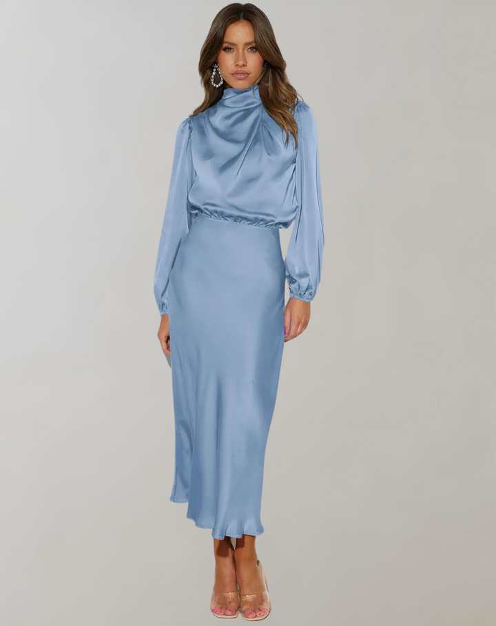 View of an elegant women's high neck midi dress with long sleeves, ideal for formal wear and special events.