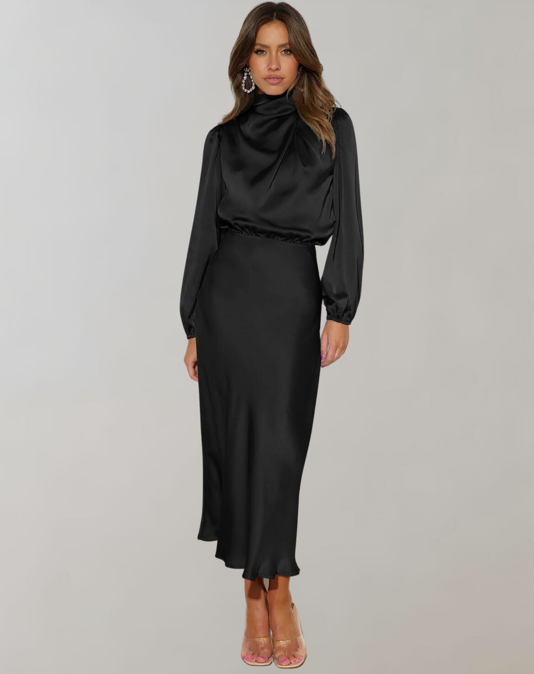 Stylish women's midi dress with high neck & long sleeves. A versatile, elegant option for evening & party wear.