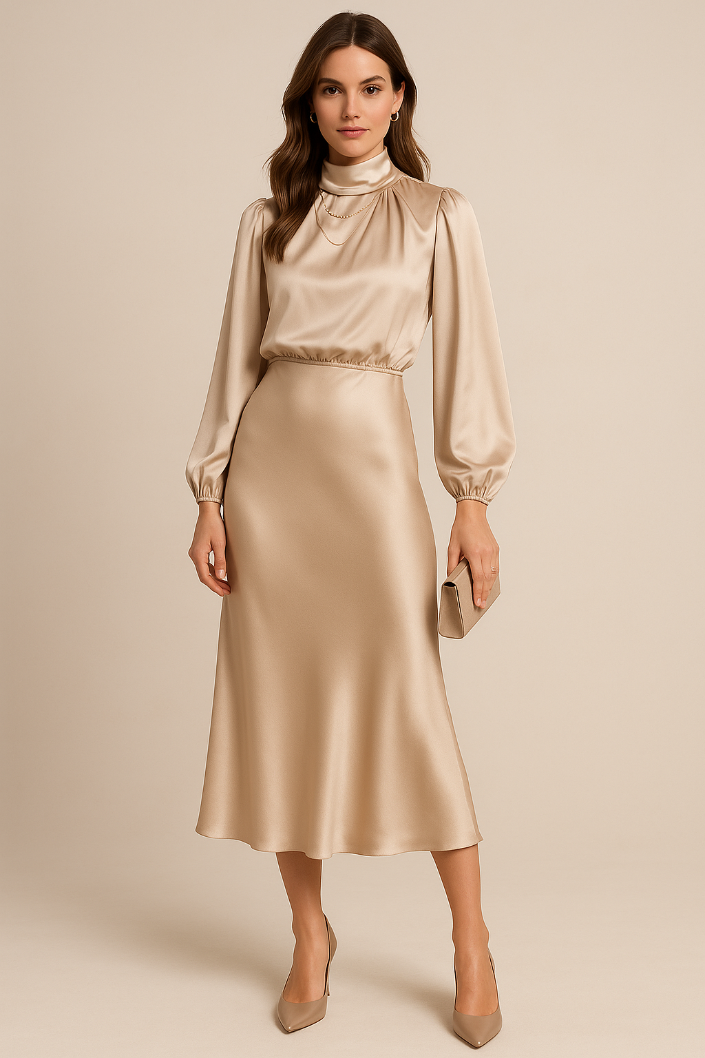 Blue high neck midi dress for women, designed with a high waist for a flattering casual look.